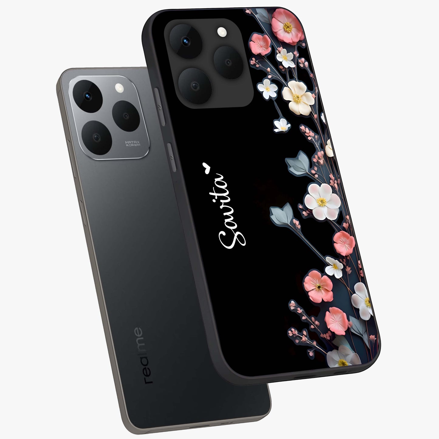 Black Elegance Floral Custom Name Glass Case displayed in angled mockup highlighting dark floral aesthetic and custom name feature.