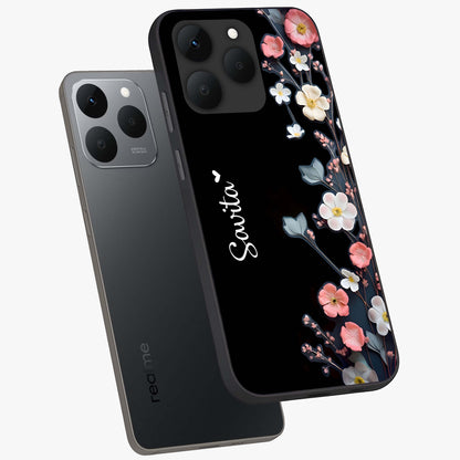 Black Elegance Floral Custom Name Glass Case displayed in angled mockup highlighting dark floral aesthetic and custom name feature.