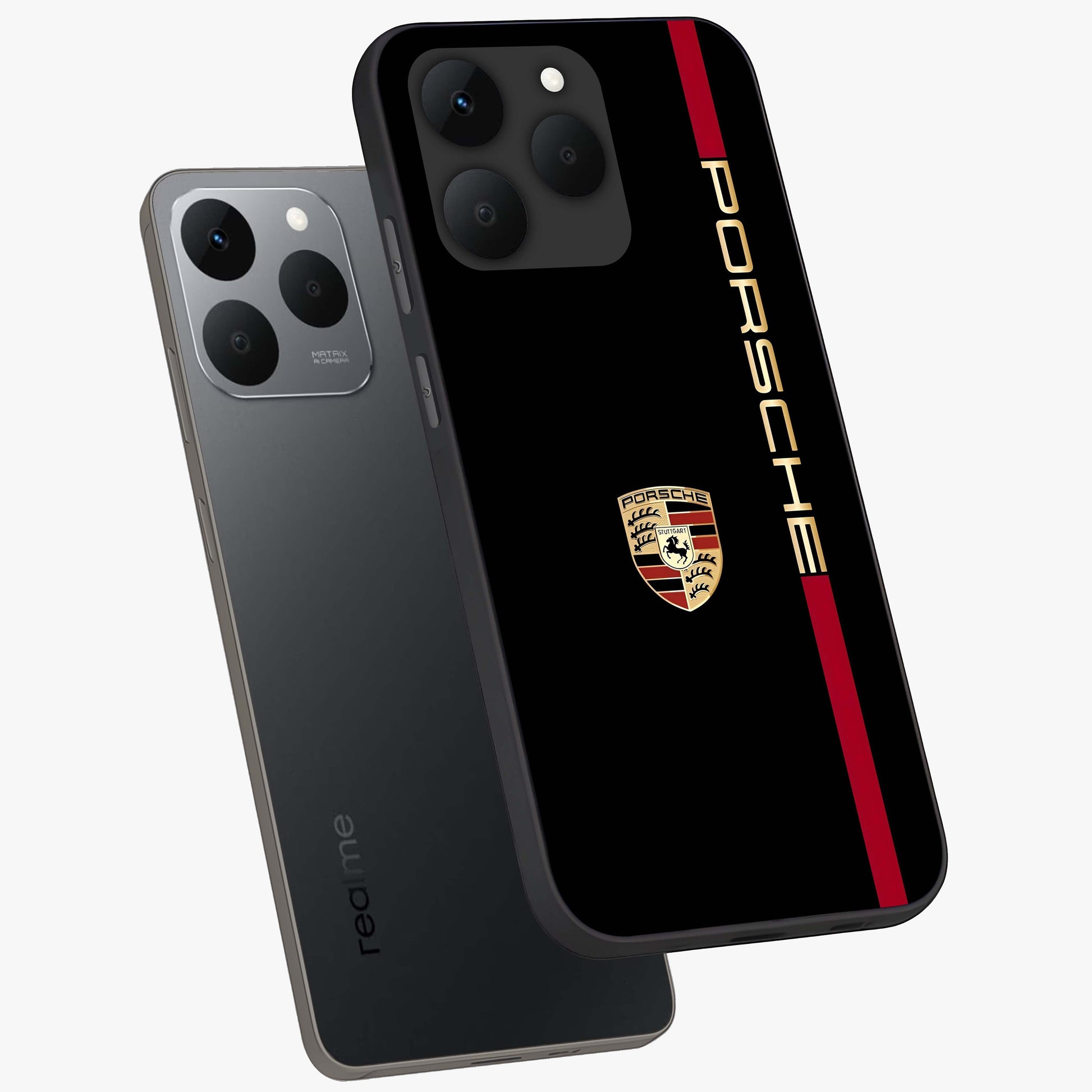 Black Minimal Porsche Glass Case displayed in angled mockup highlighting modern minimal car illustration and clean aesthetic design.