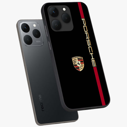 Black Minimal Porsche Glass Case displayed in angled mockup highlighting modern minimal car illustration and clean aesthetic design.