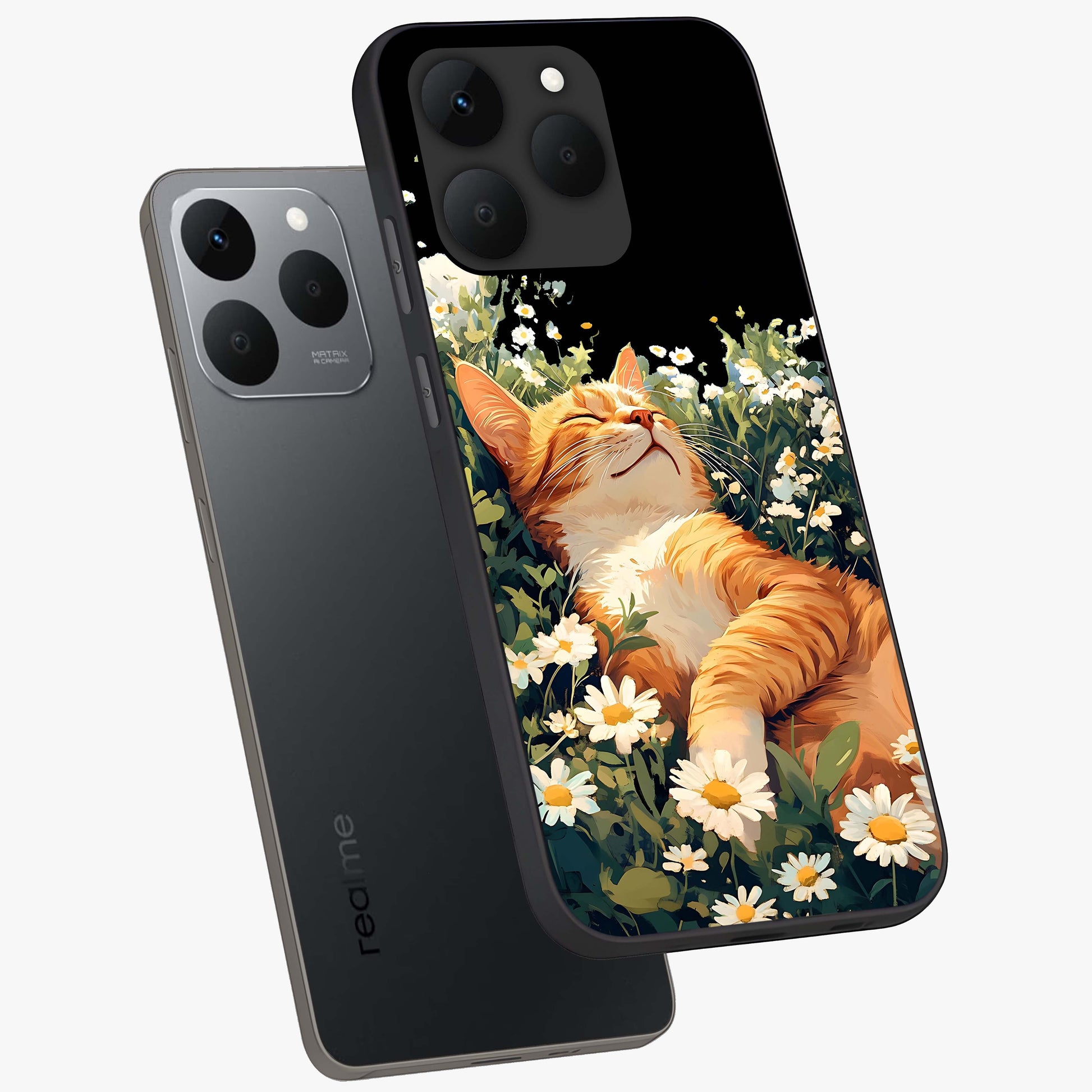 Blissful Bloom Cat Glass Case displayed in angled mockup highlighting playful feline illustration with soft floral aesthetic.