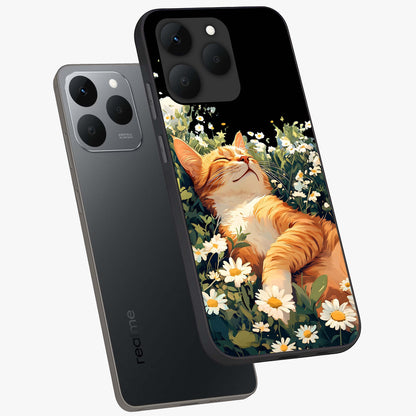 Blissful Bloom Cat Glass Case displayed in angled mockup highlighting playful feline illustration with soft floral aesthetic.