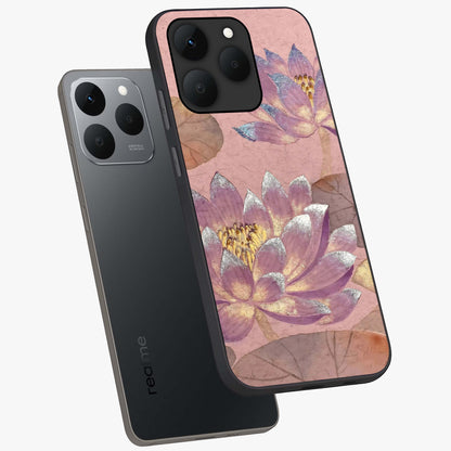 Blossom Mist Lotus Glass Case displayed in angled mockup highlighting delicate lotus illustration with calm aesthetic theme.