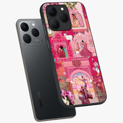 Blossoms of Rajasthan Glass Case displayed in angled mockup highlighting vibrant floral pattern with cultural aesthetic style.