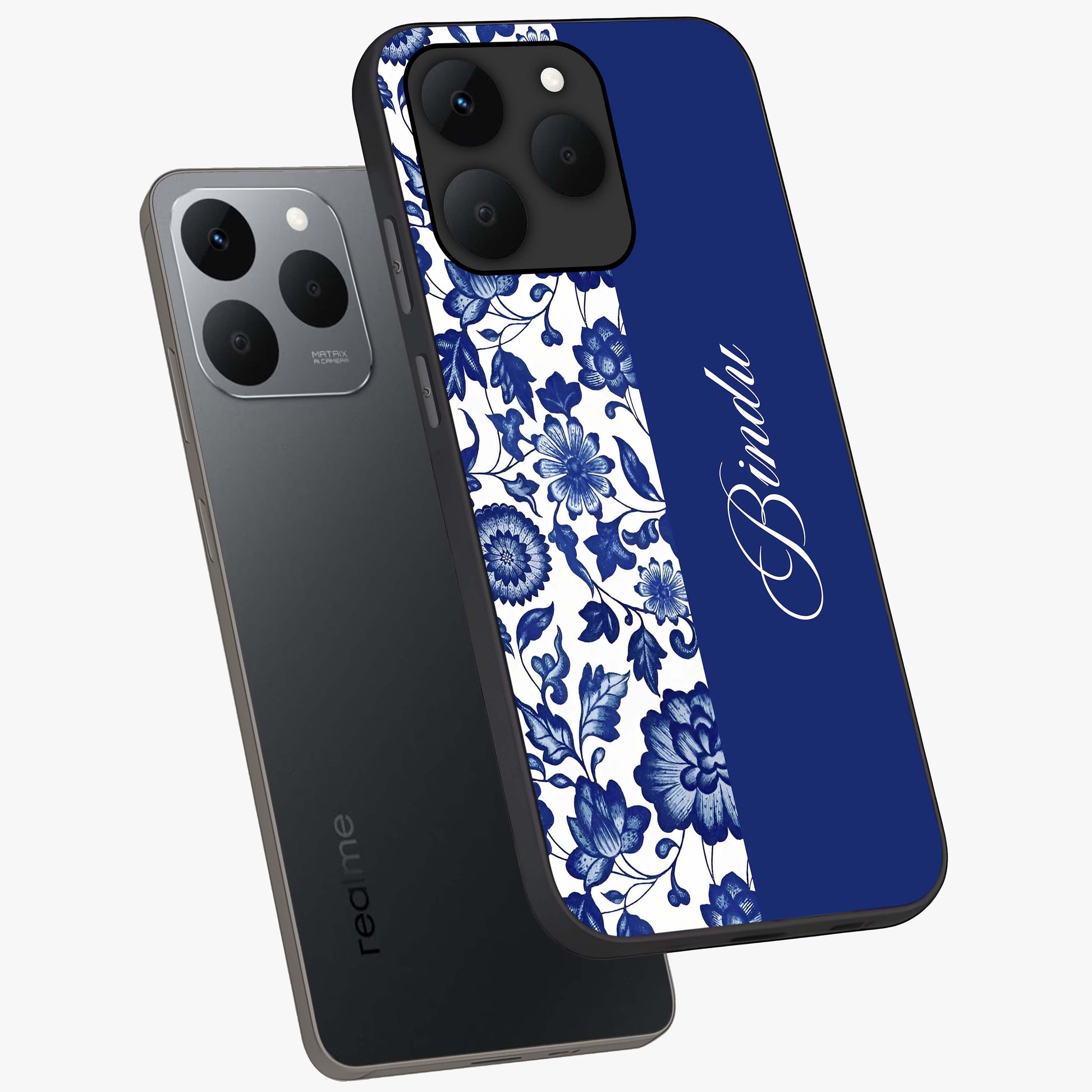 Blue Vintage Floral Pattern Glass Case displayed in angled mockup highlighting subtle bloom pattern with aesthetic pastel design.