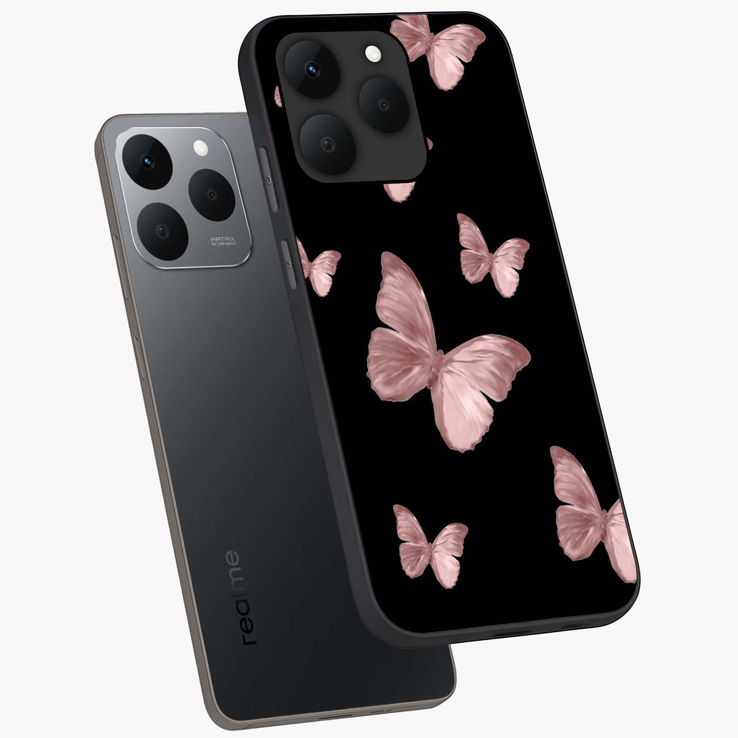 Butterfly Pattern Glass Case displayed in angled mockup highlighting delicate butterfly design and aesthetic pattern style.