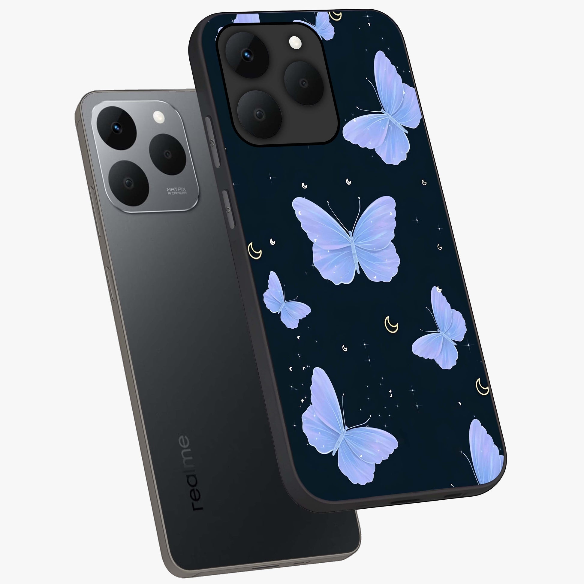 Butterfly With Stars Pattern Glass Case displayed in angled mockup highlighting dreamy butterfly and star design with aesthetic theme.