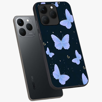 Butterfly With Stars Pattern Glass Case displayed in angled mockup highlighting dreamy butterfly and star design with aesthetic theme.
