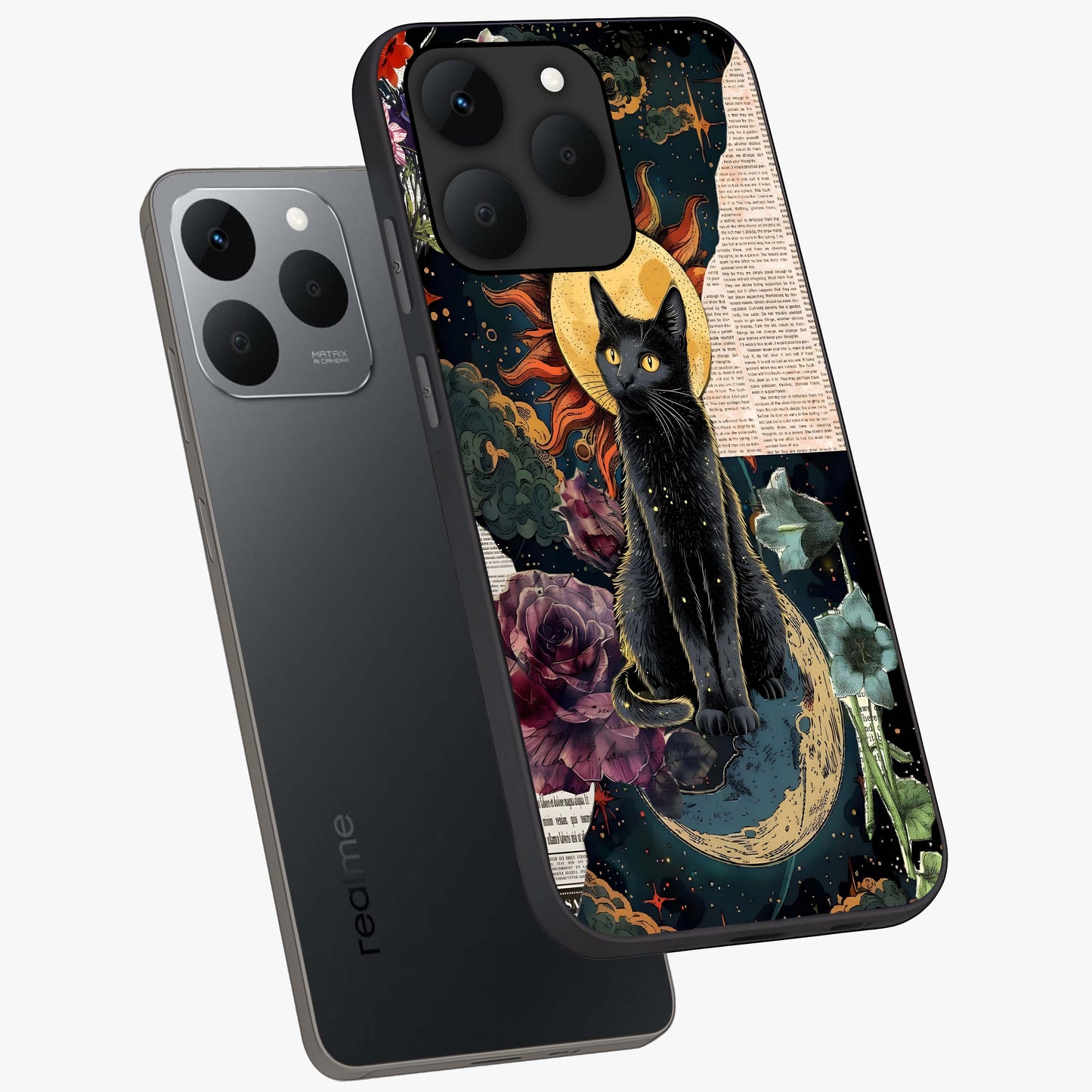 Celestial Black Cat Glass Case displayed in angled mockup highlighting cosmic black cat design with celestial aesthetic.