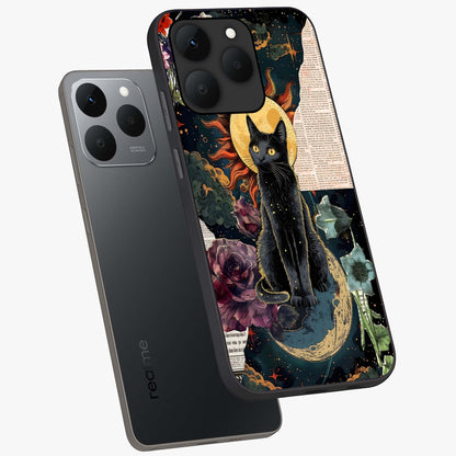 Celestial Black Cat Glass Case displayed in angled mockup highlighting cosmic black cat design with celestial aesthetic.