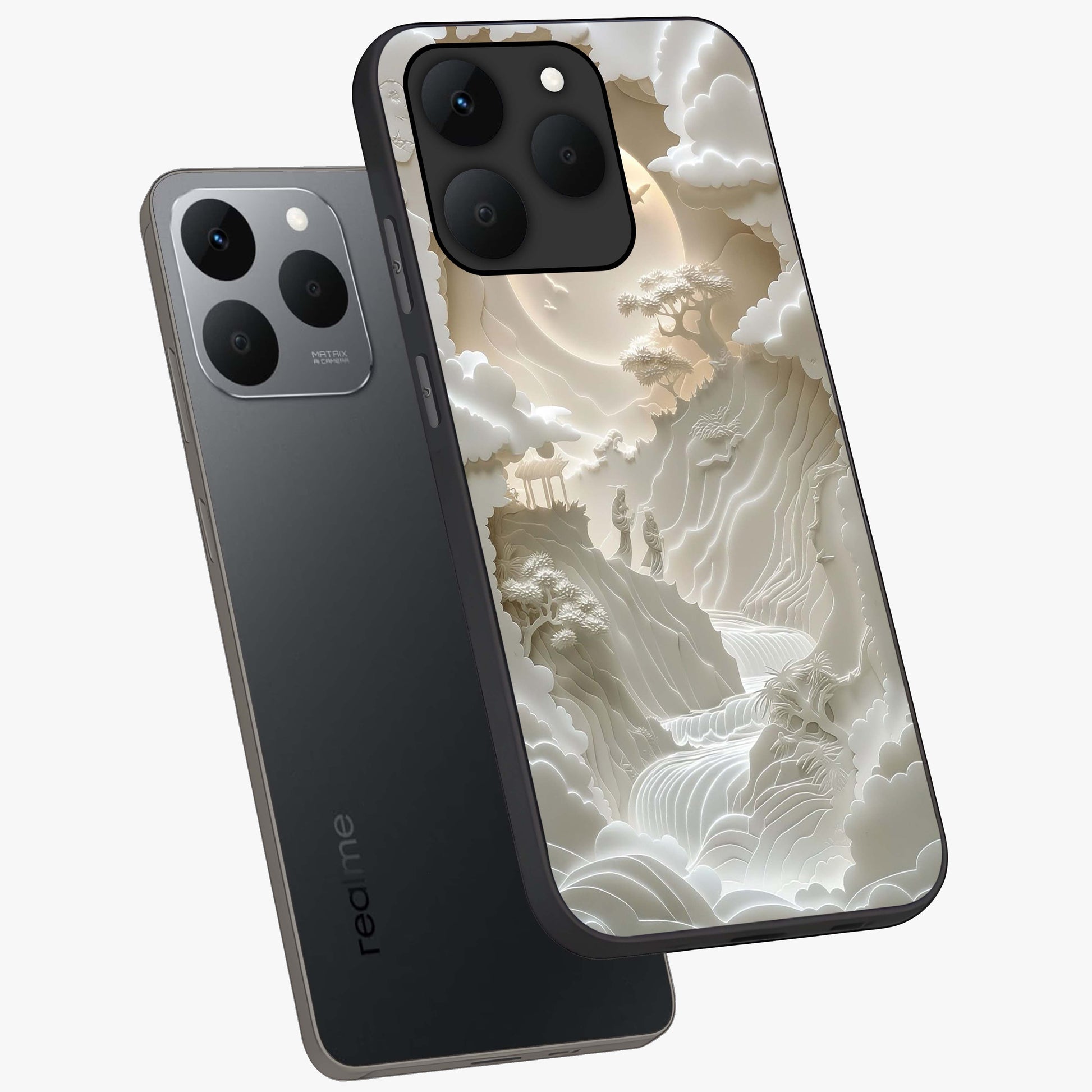 Celestial Origami Glass Case displayed in angled mockup highlighting geometric origami design with cosmic aesthetic theme.