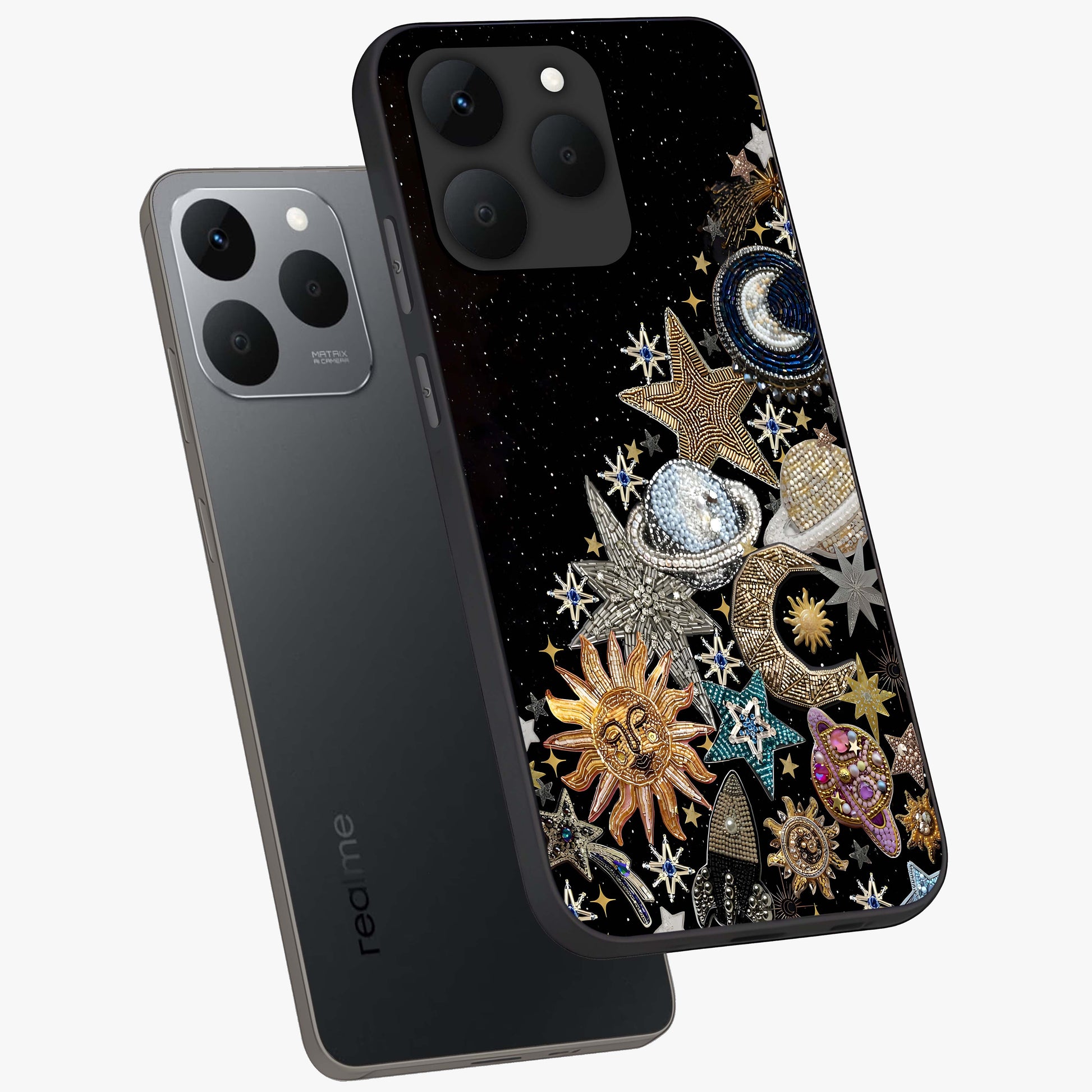 Cosmic Sparkle Dreams Glass Case displayed in angled mockup highlighting dreamy star sparkle design with celestial aesthetic.