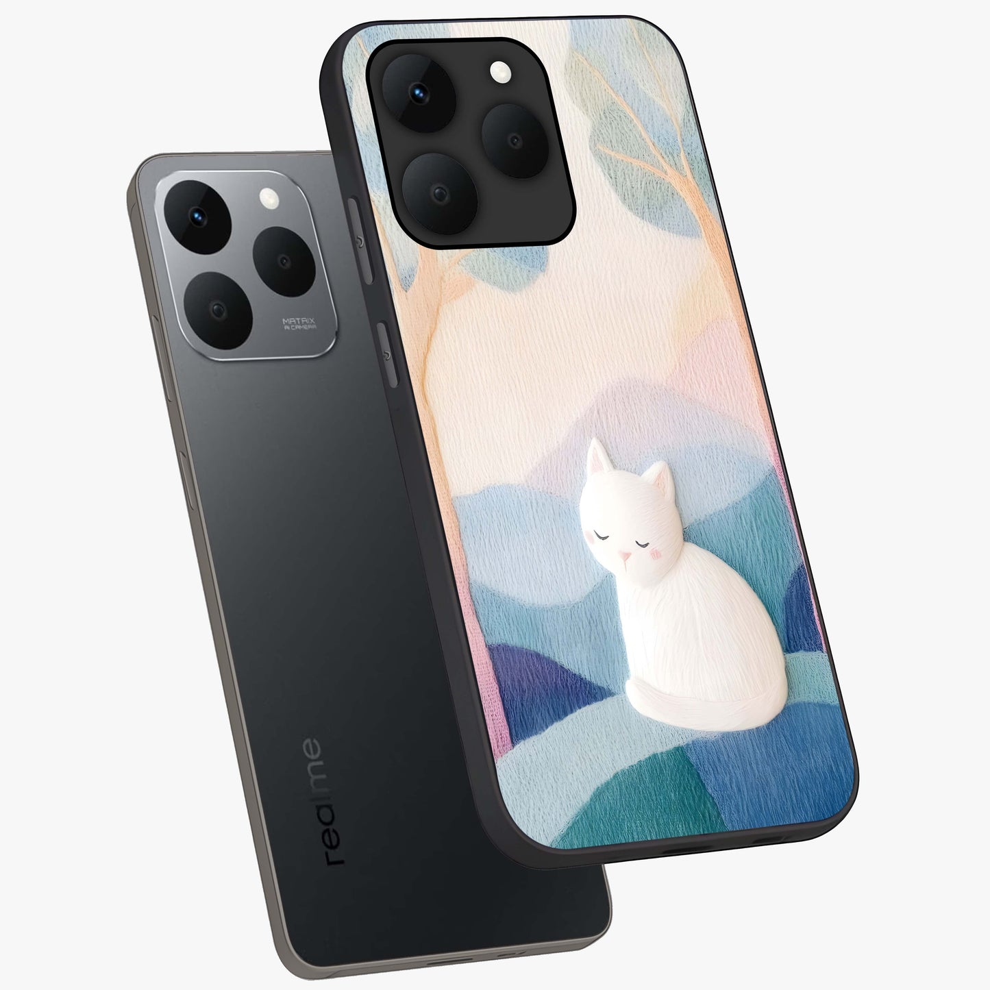 Cotton Dream Cat Glass Case displayed in angled mockup highlighting cute feline illustration with pastel aesthetic style.