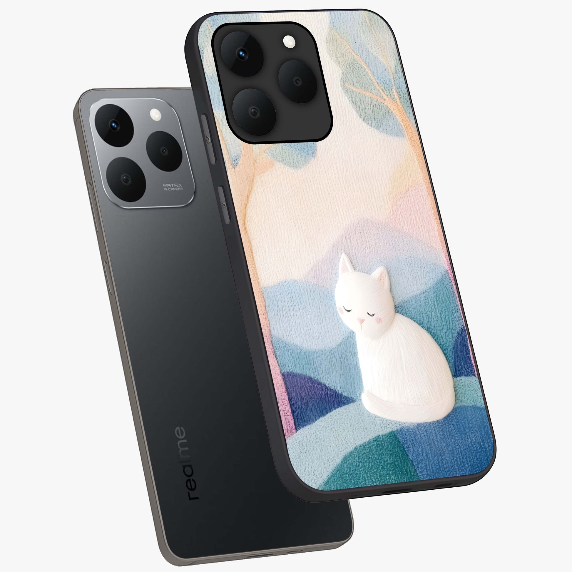 Cotton Dream Cat Glass Case displayed in angled mockup highlighting cute feline illustration with pastel aesthetic style.