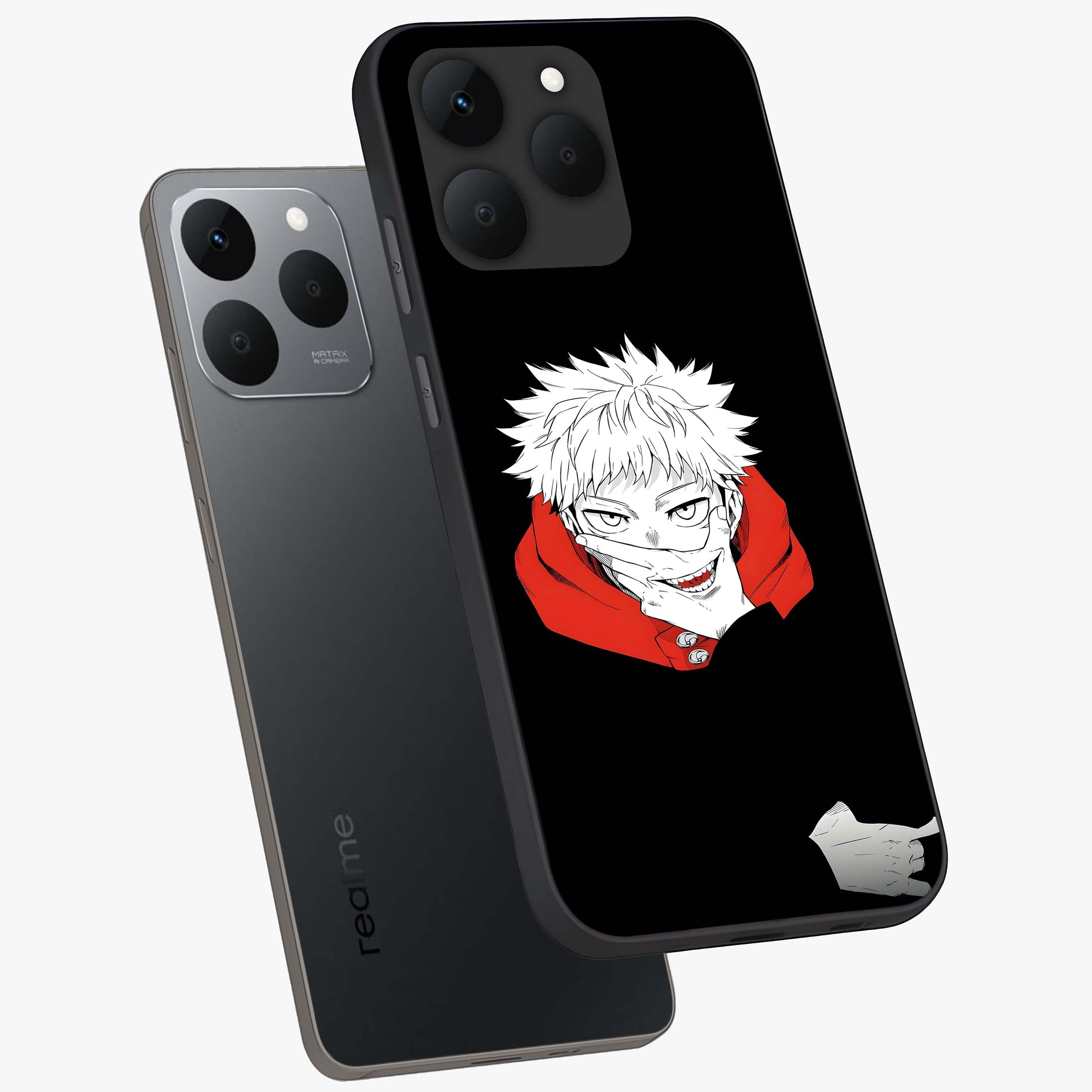 Crimson Chaos Smile Glass Case displayed in angled mockup highlighting edgy crimson smile design with graphic aesthetic.