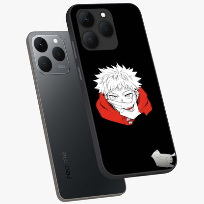 Crimson Chaos Smile Glass Case displayed in angled mockup highlighting edgy crimson smile design with graphic aesthetic.