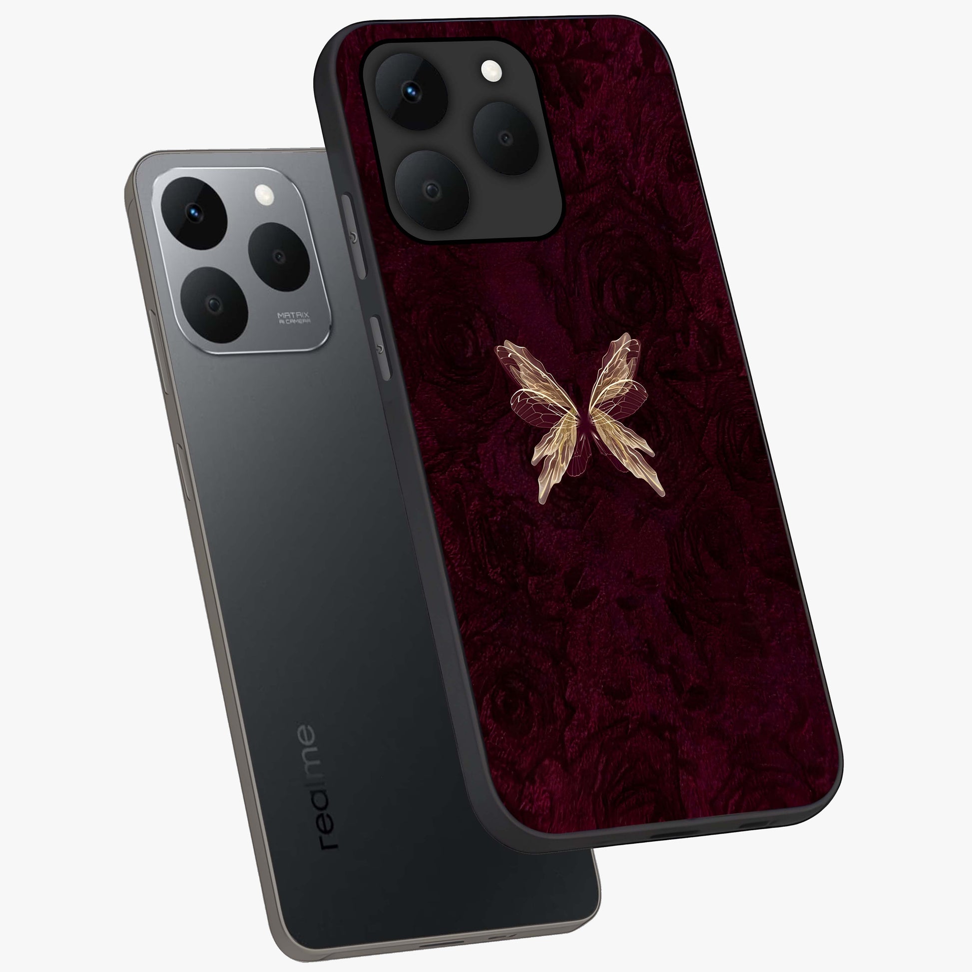 Crimson Fade Butterfly Glass Case displayed in angled mockup highlighting elegant butterfly design with crimson gradient aesthetic.