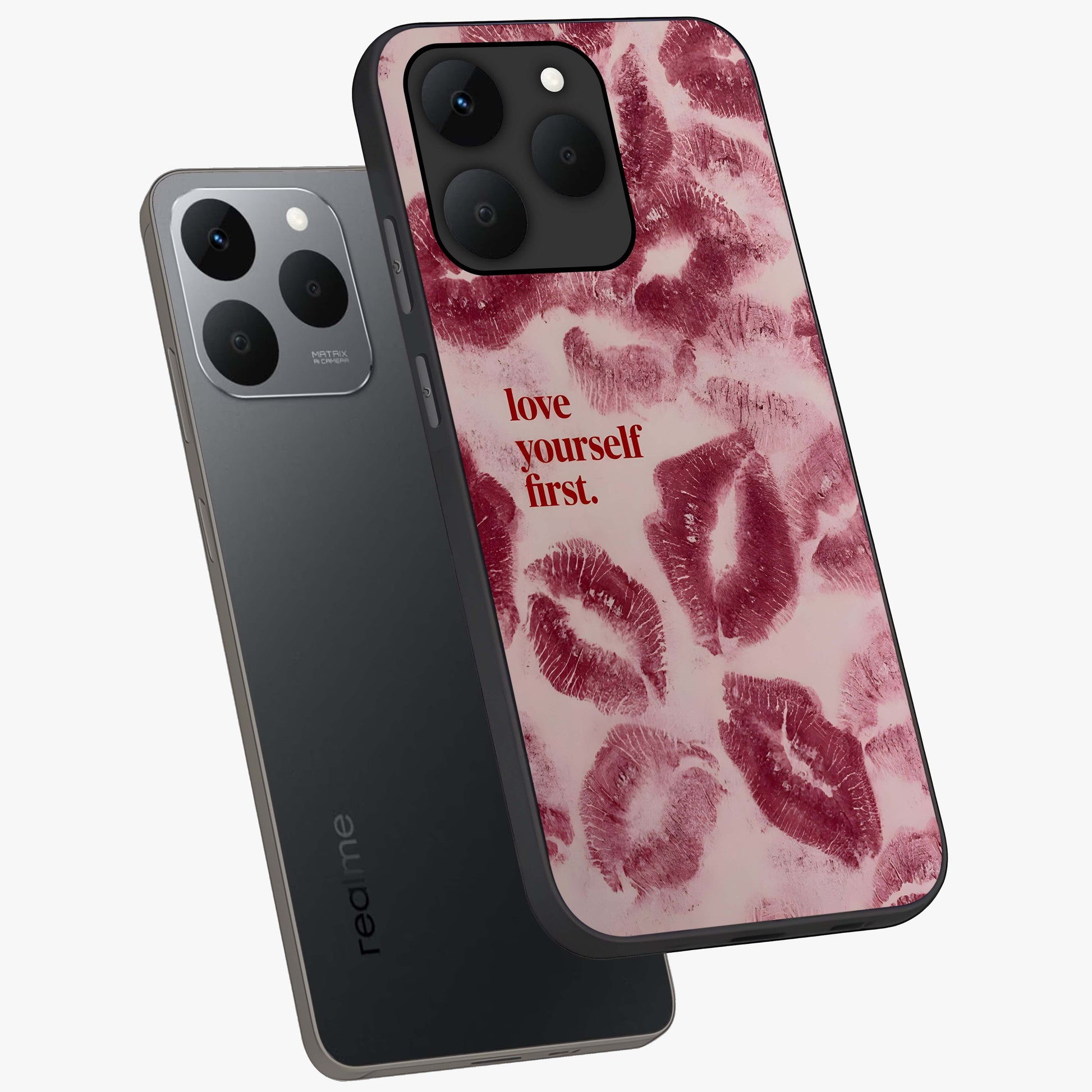 Crimson Kiss Love Glass Case displayed in angled mockup highlighting bold love inspired design with modern aesthetic style.