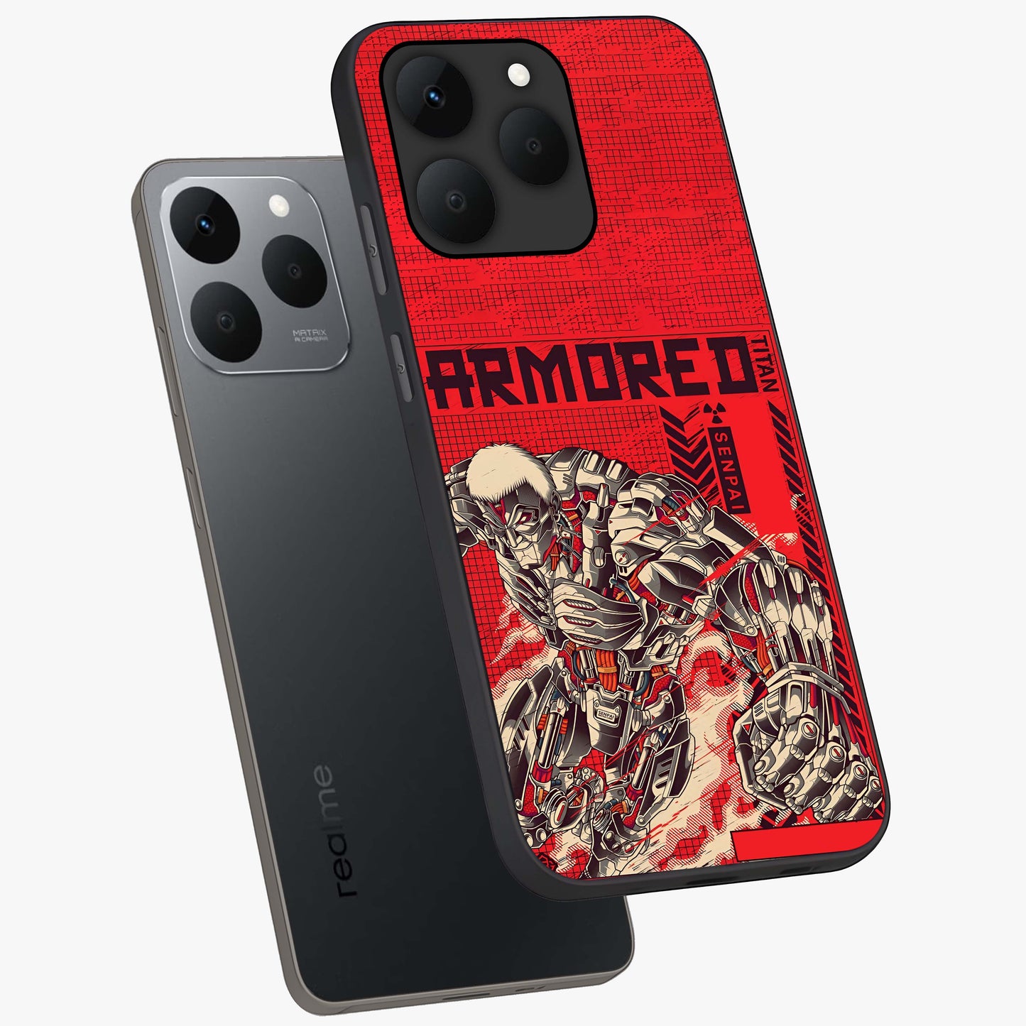 Crimson Mecha Titan Glass Case displayed in angled mockup highlighting futuristic mech illustration with bold crimson aesthetic.