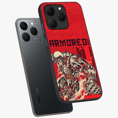 Crimson Mecha Titan Glass Case displayed in angled mockup highlighting futuristic mech illustration with bold crimson aesthetic.