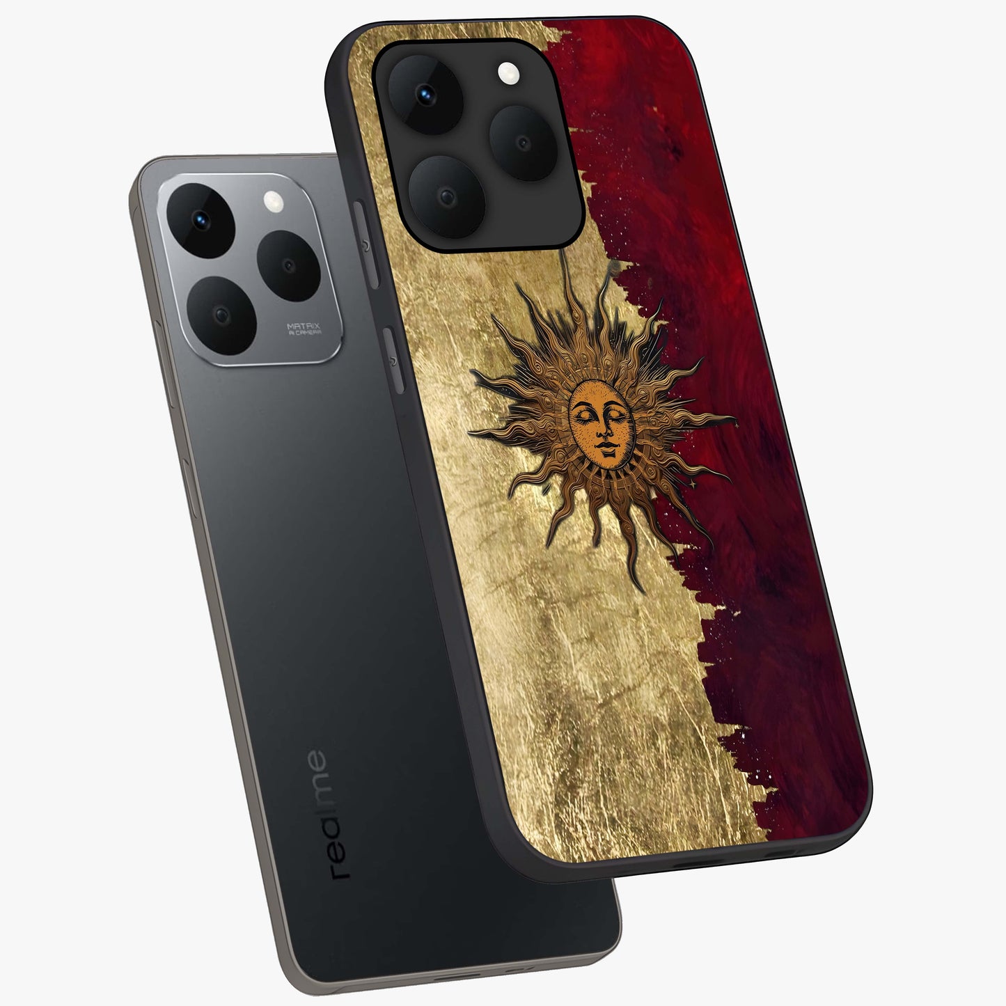 Crimson Sun Majesty Glass Case displayed in angled mockup highlighting majestic crimson sun design with bold aesthetic style.