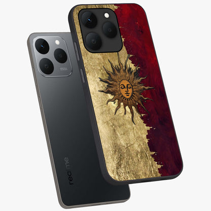 Crimson Sun Majesty Glass Case displayed in angled mockup highlighting majestic crimson sun design with bold aesthetic style.