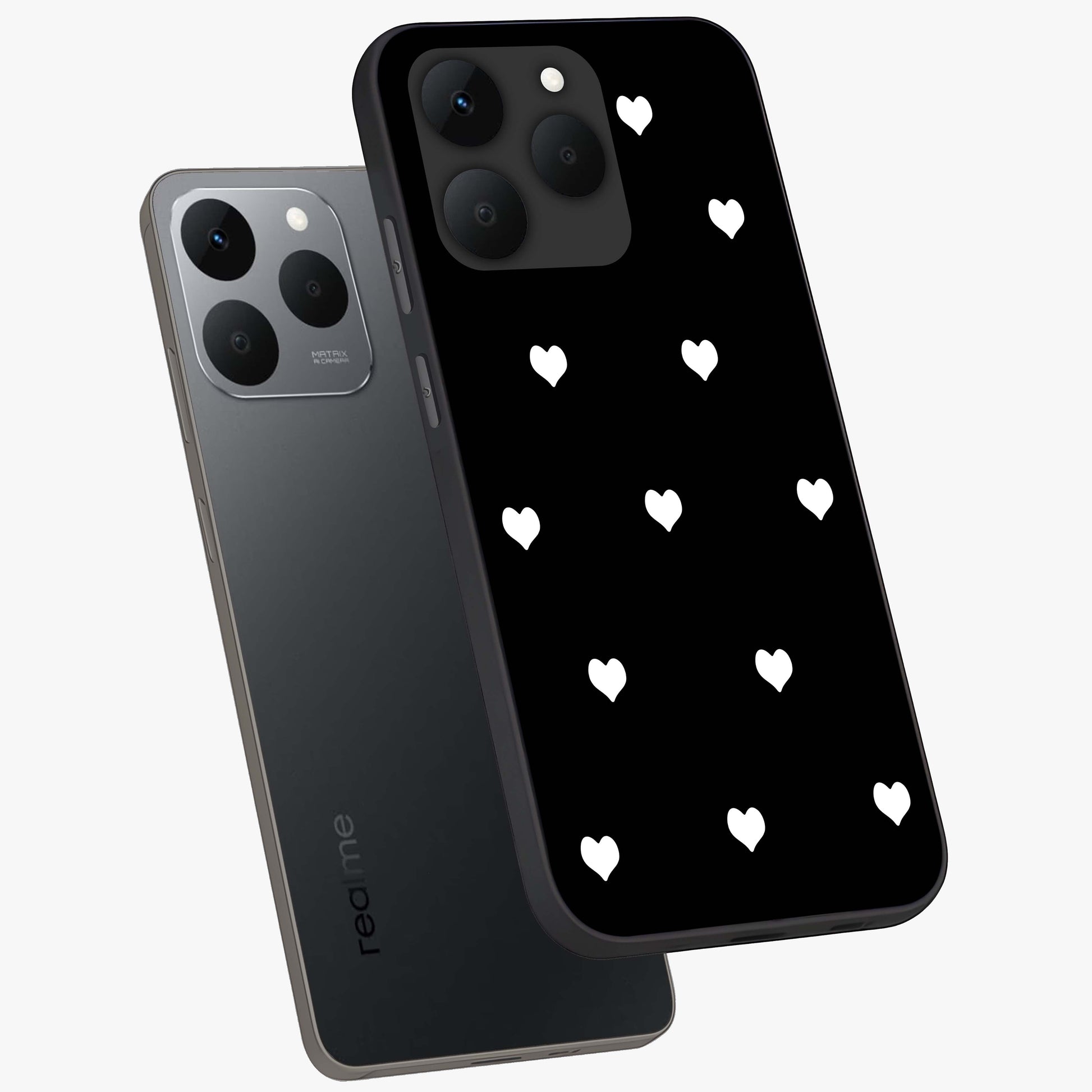 Cute And Simple White Hearts Glass Case displayed in angled mockup highlighting cute heart design with clean aesthetic style.