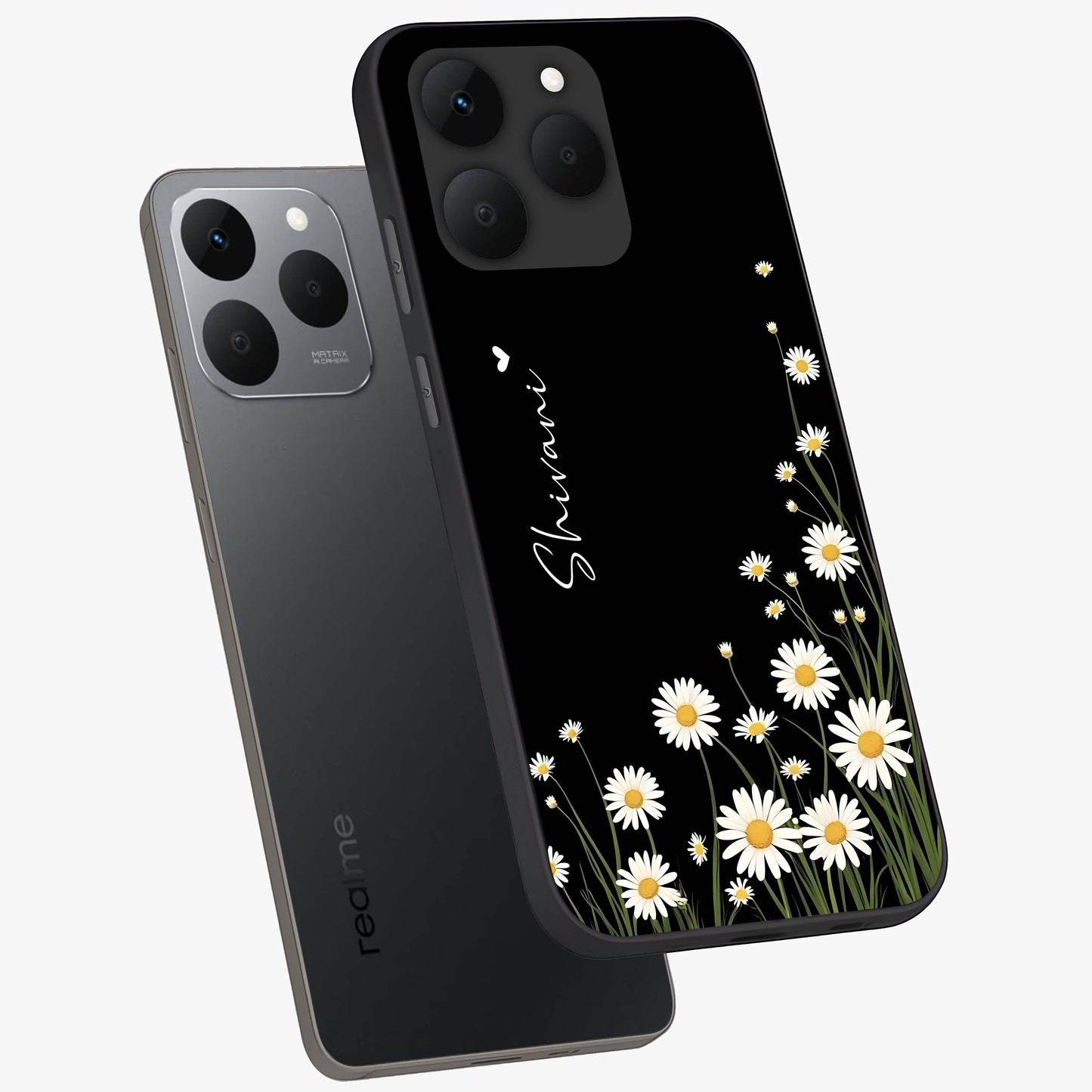 Daisy Cascade Custom Name Glass Case displayed in angled mockup highlighting delicate daisy artwork with custom name feature.