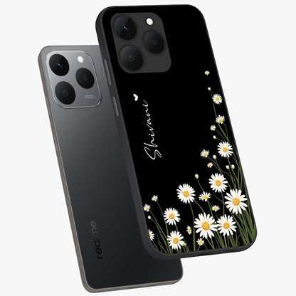 Daisy Cascade Custom Name Glass Case displayed in angled mockup highlighting delicate daisy artwork with custom name feature.