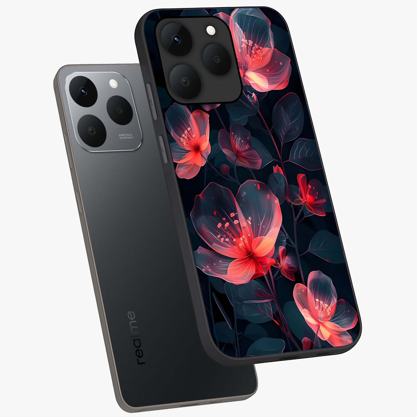 Dark Shade of Flower Glass Case displayed in angled mockup highlighting moody floral illustration with aesthetic dark tones.
