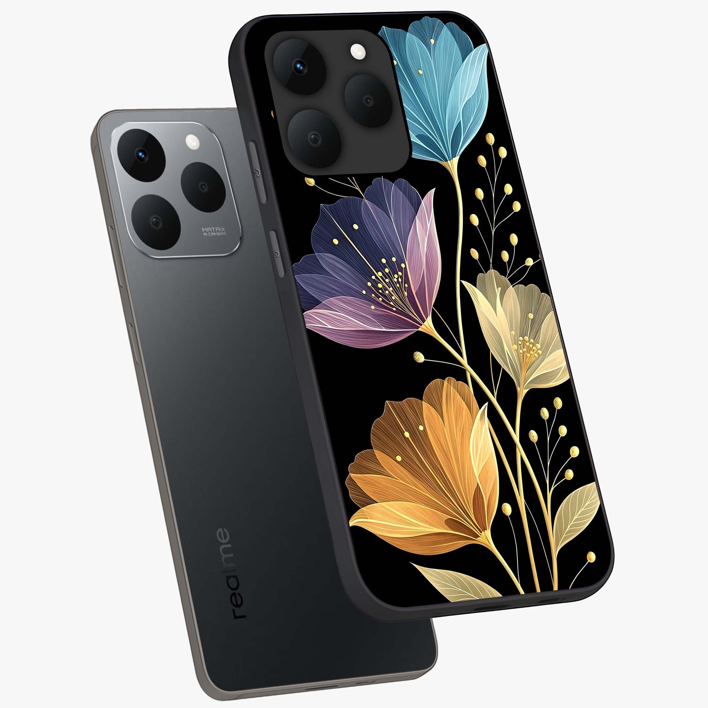 Delicate Multicolor Flowers Glass Case displayed in angled mockup highlighting colorful flower pattern with soft aesthetic style.