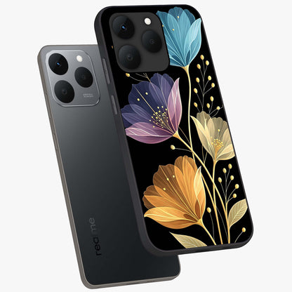 Delicate Multicolor Flowers Glass Case displayed in angled mockup highlighting colorful flower pattern with soft aesthetic style.