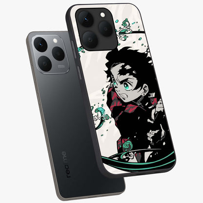 Demon Slayer Glass Case displayed in angled mockup highlighting dramatic anime character design with action aesthetic.
