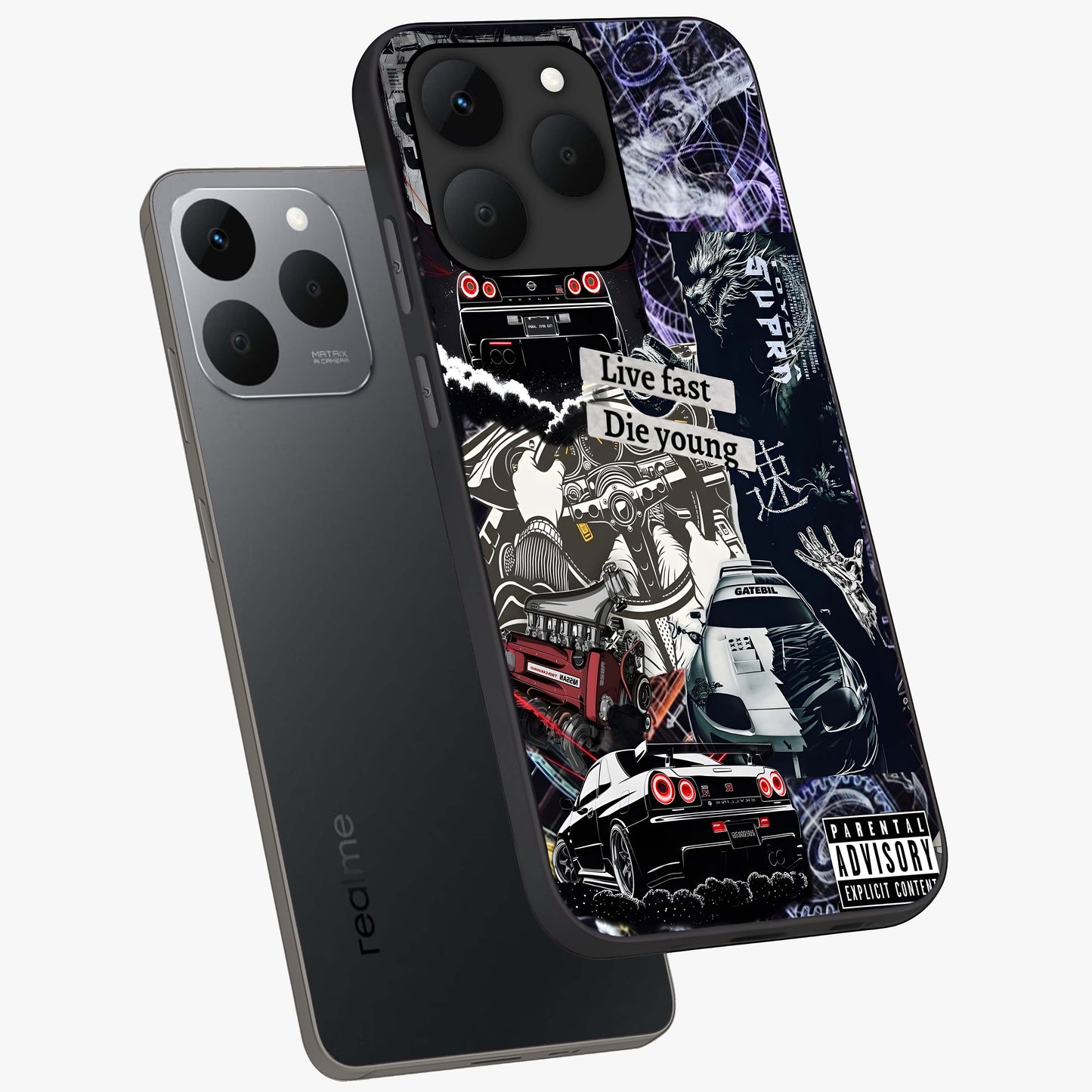 Die Young Glass Case displayed in angled mockup highlighting expressive graphic artwork with edgy aesthetic style.