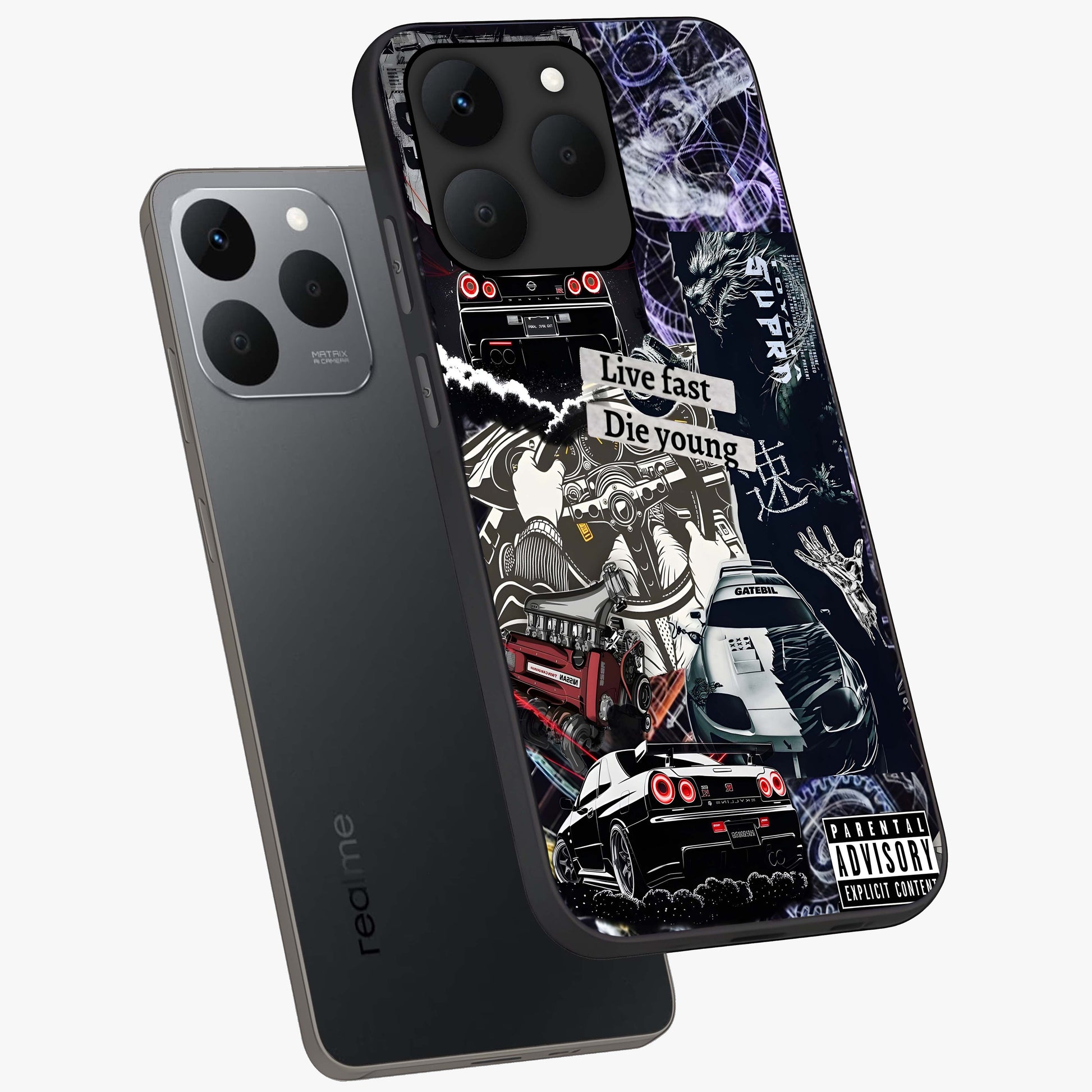 Die Young Glass Case displayed in angled mockup highlighting expressive graphic artwork with edgy aesthetic style.
