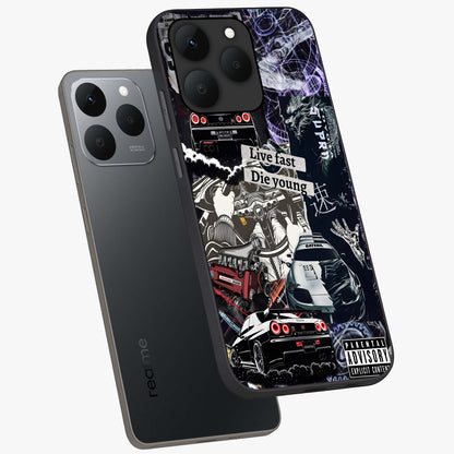Die Young Glass Case displayed in angled mockup highlighting expressive graphic artwork with edgy aesthetic style.