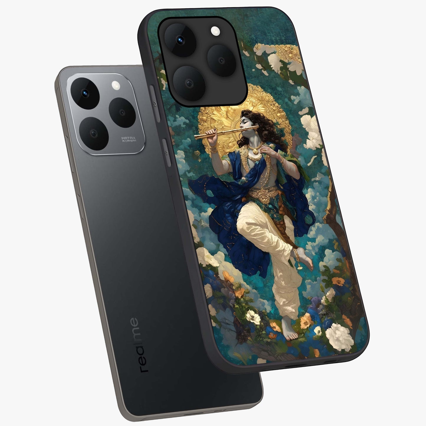 Divine Krishna Art Glass Case displayed in angled mockup highlighting spiritual Krishna illustration with devotional aesthetic.