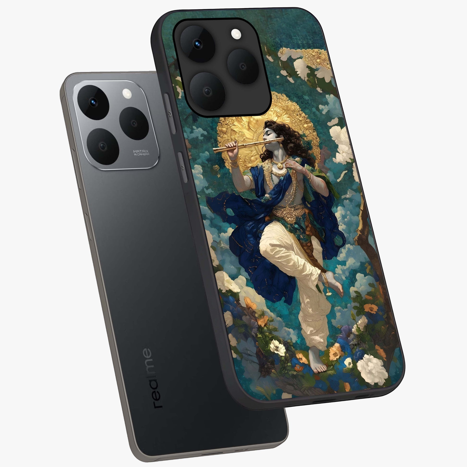 Divine Krishna Art Glass Case displayed in angled mockup highlighting spiritual Krishna illustration with devotional aesthetic.