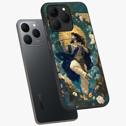 Divine Krishna Art Glass Case displayed in angled mockup highlighting spiritual Krishna illustration with devotional aesthetic.