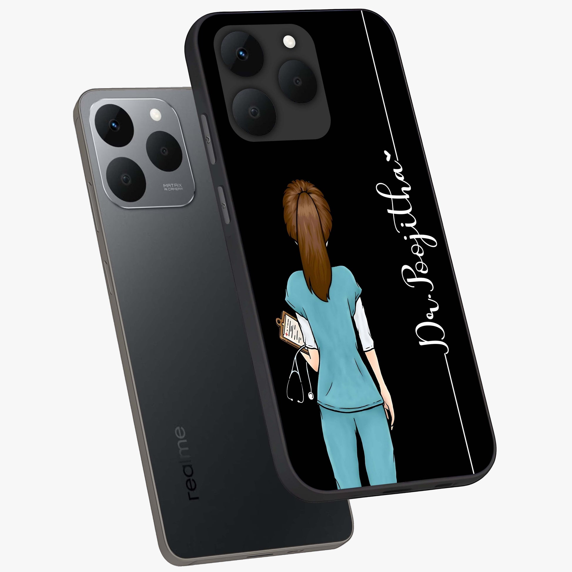 Doctor Pattern Custom Name Glass Case displayed in angled mockup highlighting doctor inspired artwork with custom name feature.