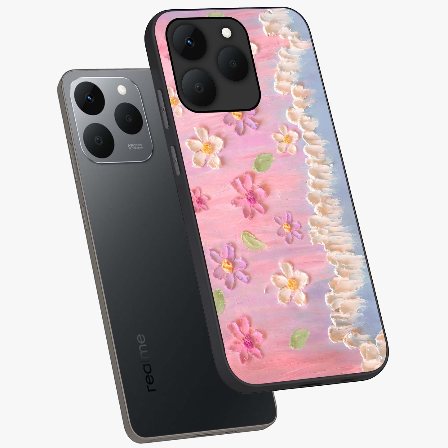 Dreamy Painted Garden Glass Case displayed in angled mockup highlighting colorful garden illustration with dreamy aesthetic style.