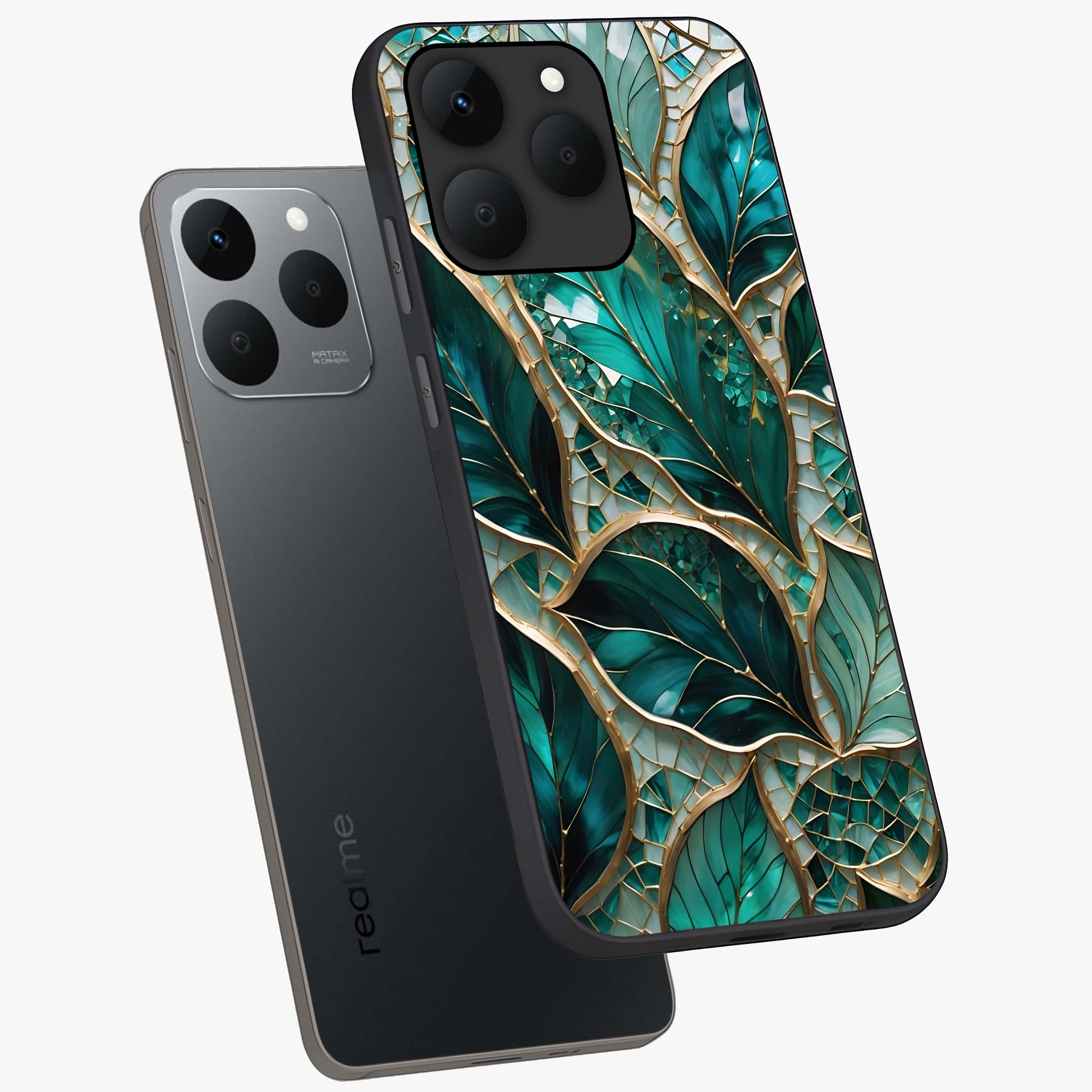 Emerald Leaf Glass Glass Case displayed in angled mockup highlighting botanical leaf illustration with elegant natural aesthetic.