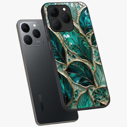 Emerald Leaf Glass Glass Case displayed in angled mockup highlighting botanical leaf illustration with elegant natural aesthetic.