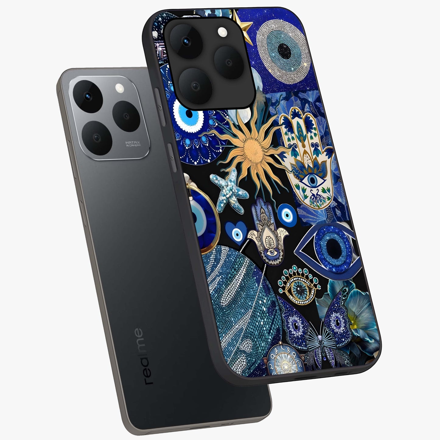 Evil Eye Charm Mix Glass Case displayed in angled mockup highlighting protective evil eye symbols with spiritual aesthetic design.