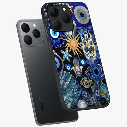 Evil Eye Charm Mix Glass Case displayed in angled mockup highlighting protective evil eye symbols with spiritual aesthetic design.