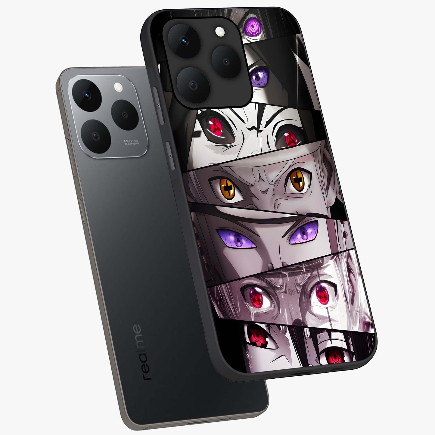 Eyes of Destiny Glass Case displayed in angled mockup highlighting bold eye illustration with mystical aesthetic style.