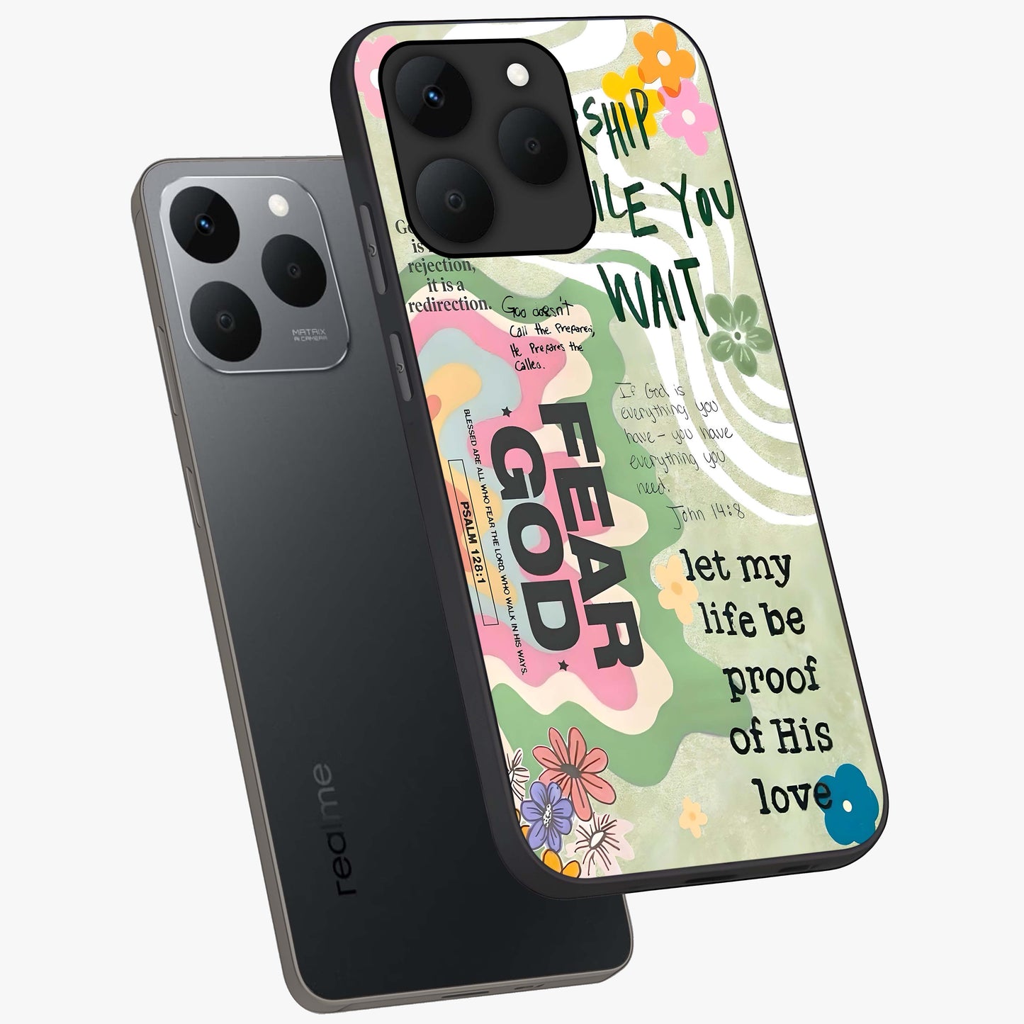 Faith Over Fear Glass Case displayed in angled mockup highlighting inspirational message design with modern aesthetic style.