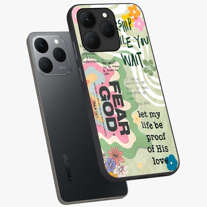 Faith Over Fear Glass Case displayed in angled mockup highlighting inspirational message design with modern aesthetic style.