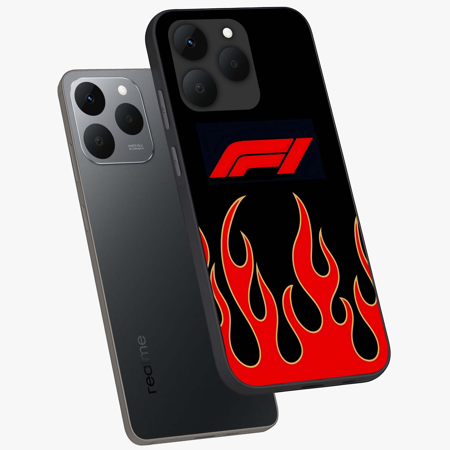 Fire F11 Glass Case displayed in angled mockup highlighting bold fire inspired graphic with energetic aesthetic style.