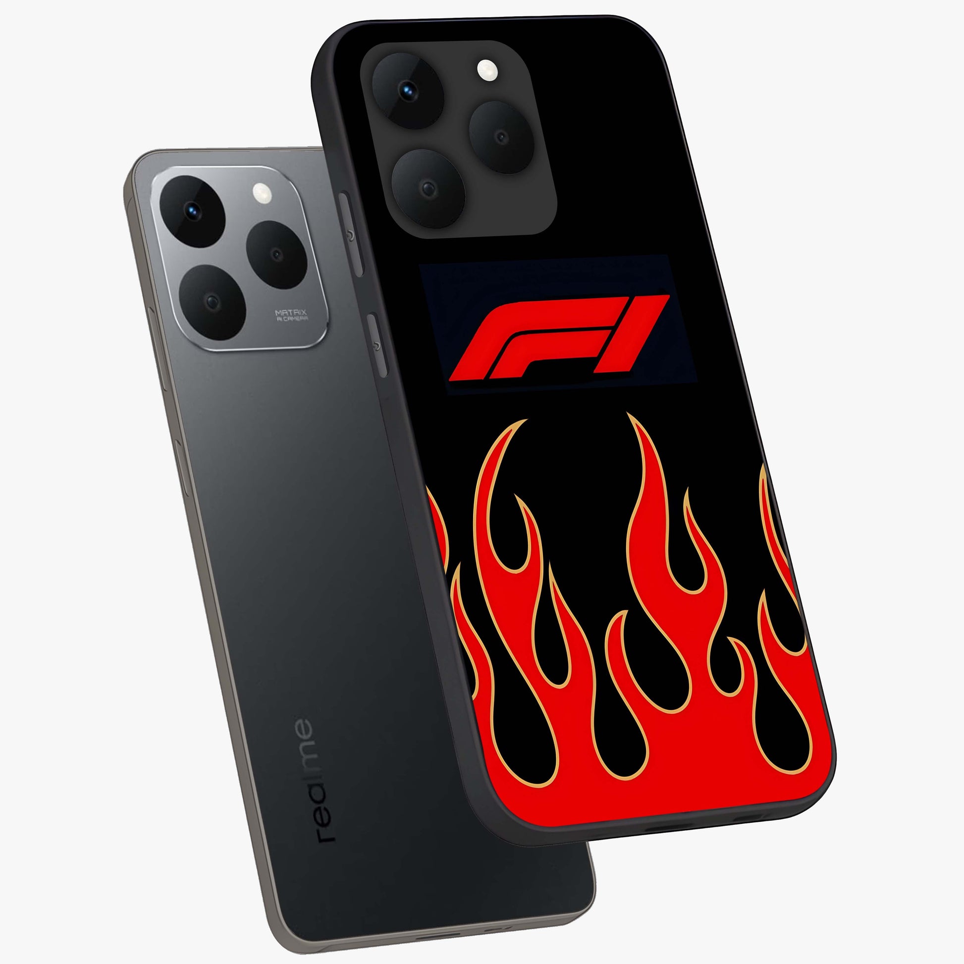Fire F11 Glass Case displayed in angled mockup highlighting bold fire inspired graphic with energetic aesthetic style.